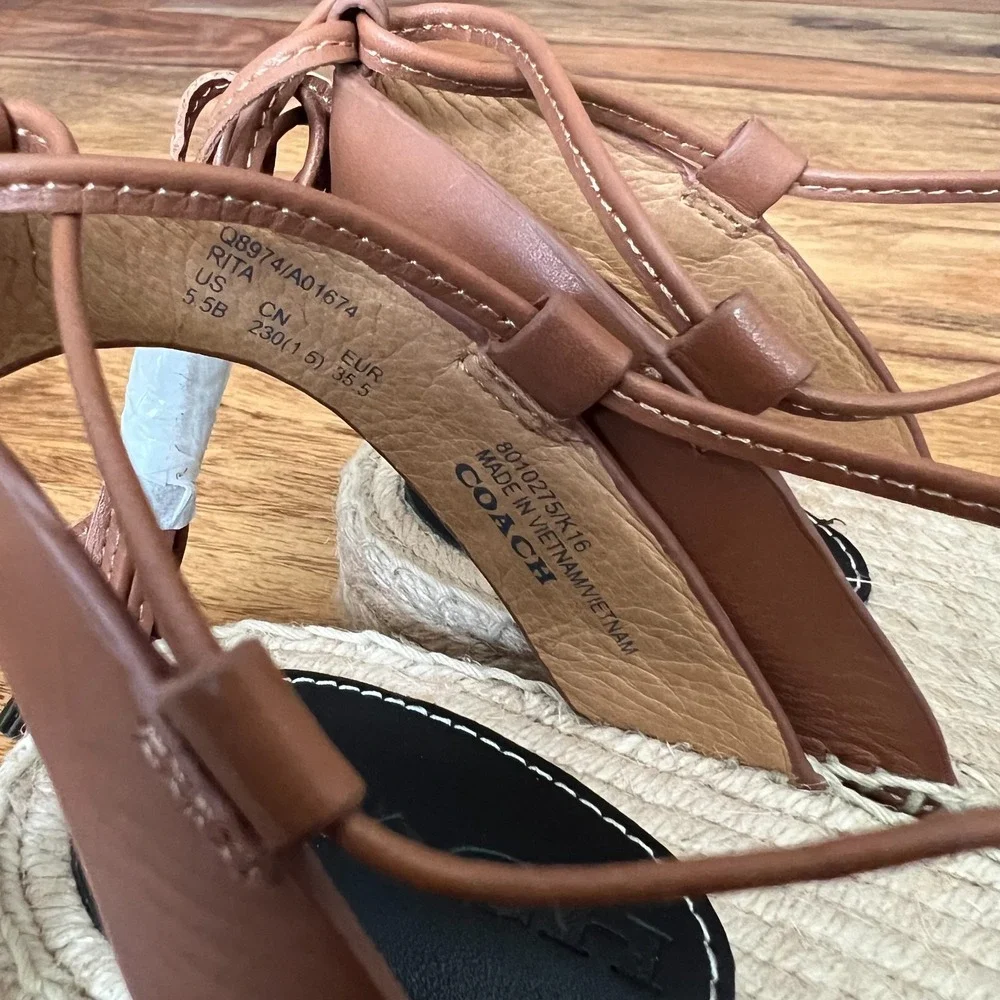 Coach Rita Espadrille Sandals – Black/Tan Leather Lace-Up Flats Size 5.5 - Picture 10 of 11